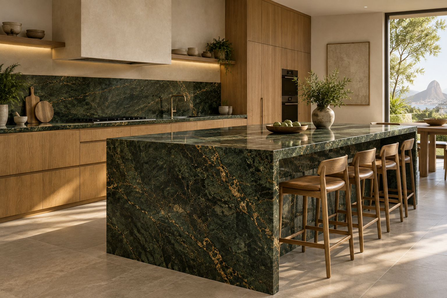Cozinha com pedra verde profunda